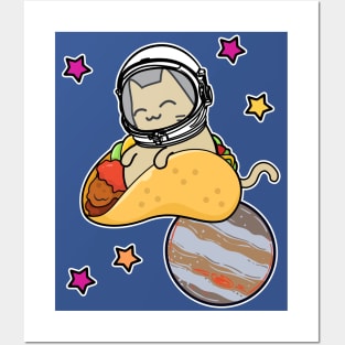 cartoon cat astronaut in space riding taco Posters and Art